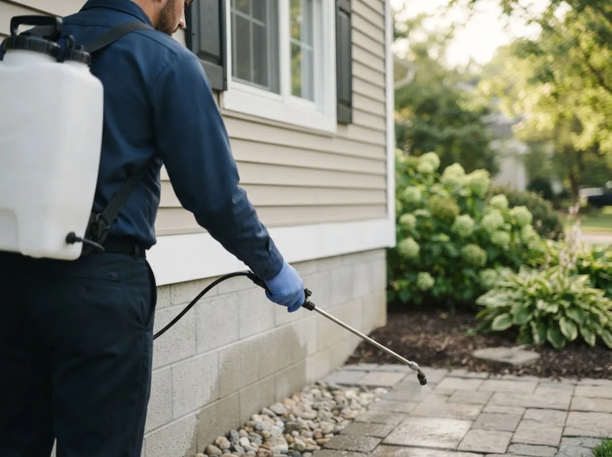 Pest control technician inspecting a home in Hughesville, MO